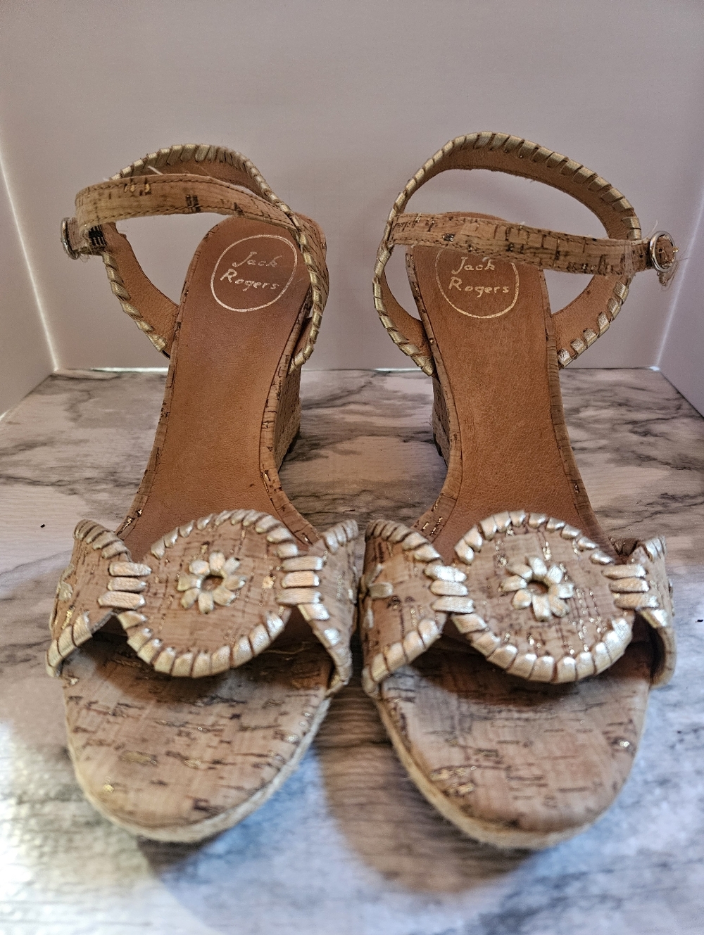 Jack Rogers Cork Wedge Sandals in Tan and Gold